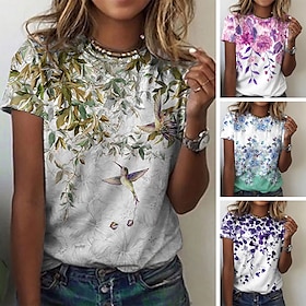 Women's T shirt Tee Yellow Red Blue Print Floral Casual Holiday Short Sleeve Round Neck Basic Regular Floral Painting S9510007