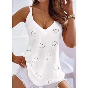 Women's Tank Top Going Out Tops Summer Tops Black White Pink Print Heart Casual Weekend Sleeveless V Neck Tunic Basic Regular S9483822