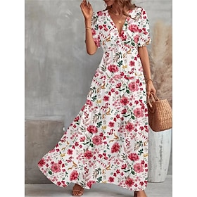 Women's Swing Dress Print Dress Long Dress Maxi Dress Streetwear Casual Floral Print Outdoor Holiday Going out V Neck Short Sleeve Dress Loose Fit Black White9546565