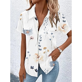 Women's Shirt Blouse Black White Light Green Zipper Print Floral Casual Holiday Short Sleeve Shirt Collar Basic Regular Floral S9549833