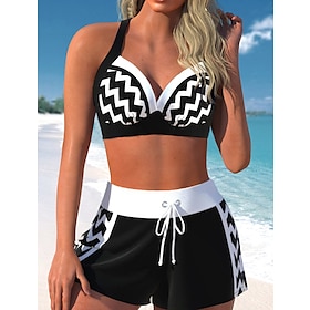 Women's Swimwear Bikini Normal Swimsuit Lines / Waves 2 Piece Printing Black Bathing Suits Beach Wear Summer Sports9551771