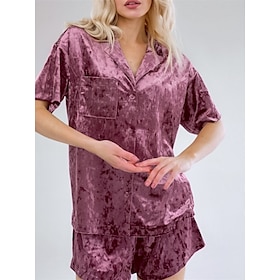 Women's Pajamas Pajama Top and Pant Sets Simple Casual Comfort Pure Color Polyester Home Daily Bed Lapel Breathable Shirt Short Sleeve Button Pocket Shorts Sum9435002