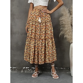 Women's Skirt Cotton Blend Maxi Almond Royal Blue Skirts Print Autumn / Fall Daily Going out Fashion Boho S M L9477759