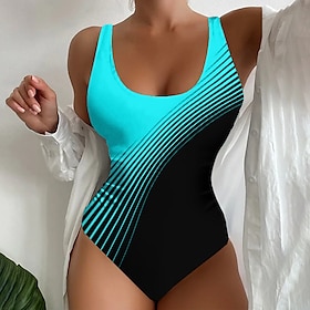 Women's Swimwear One Piece Normal Swimsuit Striped Stripe Printing White Yellow Blue Green Bodysuit Bathing Suits Beach Wear Summer Sports9549246