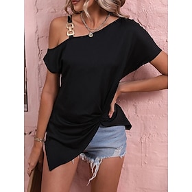 Women's T shirt Tee Black Yellow Navy Blue Asymmetrical Plain Daily Weekend Short Sleeve Off Shoulder Diagonal Neck Basic Regular S9558369