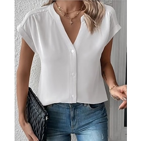 Women's Shirt Blouse Black White Pink Button Plain Work Short Sleeve V Neck Basic Regular S9564204