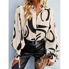 Women's Shirt Blouse Beige Print Abstract Work Casual Long Sleeve Shirt Collar Elegant Lantern Sleeve S9364127