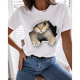 Women's T shirt Tee Funny Tee Shirt Black White Print Graphic Cat Casual Daily Short Sleeve Round Neck Basic 100% Cotton Regular 3D Cat S8521634