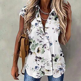 Women's Shirt Blouse White Button Print Floral Casual Holiday Short Sleeve Shirt Collar Basic Regular Floral S9527742