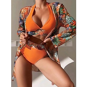 Women's Swimwear Bikini Cover Up Normal Swimsuit Floral 3-Piece Printing Black Navy Blue Orange Green Rose Red Bathing Suits Beach Wear Summer Sports9537849