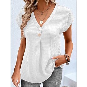 Women's Shirt Blouse White Pink Gray Button Plain Casual Short Sleeve V Neck Basic Regular S9584389