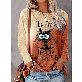 Women's T shirt Tee Maroon Yellow Pink Print Graphic Cat Casual Weekend Long Sleeve Round Neck Cartoon Funny Regular I'm Fine Plus Size Painting S9366346