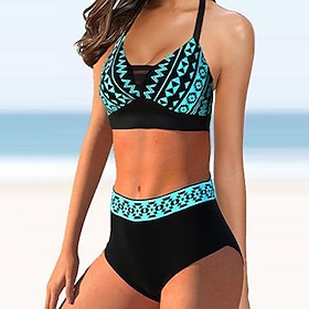 Women's Swimwear Bikini 2 Piece Plus Size Swimsuit Geometric Open Back Printing Black V Wire Bathing Suits Vacation Fashion Sports9127966