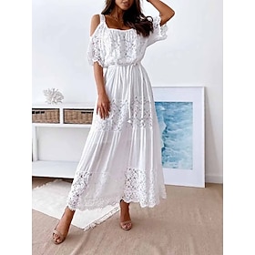 Women's White Dress Sundress A Line Dress Long Dress Maxi Dress Casual Classic Plain Lace Patchwork Daily Holiday Vacation Cold Shoulder Half Sleeve Dress Loos9491190