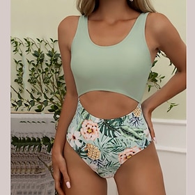 Women's Swimwear One Piece Normal Swimsuit Floral Printing Purple Green Bodysuit Bathing Suits Beach Wear Summer Sports9563927