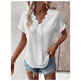 Women's T shirt Tee White Pink Blue Lace Trims Plain Daily Weekend Short Sleeve V Neck Basic Regular S9581202