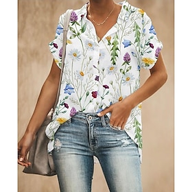 Women's T shirt Tee Black White Navy Blue Button Print Floral Holiday Weekend Short Sleeve Shirt Collar Basic Regular Floral Painting S9540316