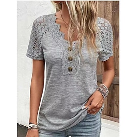 Women's T shirt Tee Black White Red Lace Button Plain Daily Weekend Short Sleeve V Neck Basic Regular S9560934