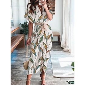 Women's Shirt Dress Sheath Dress Daily Vacation Midi Dress Fashion Formal Polyester Tie Belt Print V Neck Summer Spring Short Sleeve Regular Fit 2023 White Lea9563910