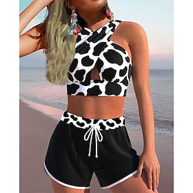 Women's Swimwear Bikini Normal Swimsuit Cow Print 2 Piece Printing Black Bathing Suits Beach Wear Summer Sports9551697