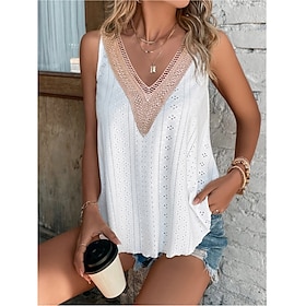 Women's Tank Top Black White Yellow Cut Out Lace Trims Plain Casual Sleeveless V Neck Basic Regular S9570355