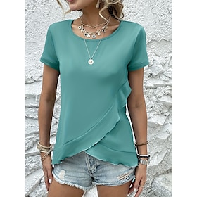 Women's T shirt Tee Black Blue Green Ruffle Plain Daily Weekend Short Sleeve Round Neck Basic Regular S9564305