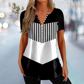 Women's T shirt Tee Black Pink Blue Button Print Color Block Striped Daily Weekend Short Sleeve V Neck Basic Regular Painting S9560611