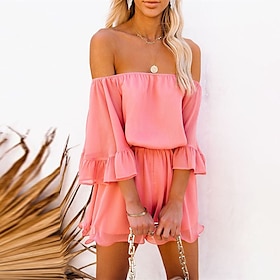 Women's Romper Solid Color Ruffle Holiday Off Shoulder Street Daily Half Sleeve Regular Fit Black White Pink S M L Summer9110164