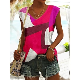 Women's Tank Top Red Blue Orange Print Color Block Casual Sleeveless V Neck Basic Regular S9606739