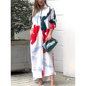 Women's Shirt Dress Casual Dress Satin Dress Long Dress Maxi Dress Fashion Streetwear Graphic Button Print Outdoor Daily Vacation Shirt Collar 3/4 Length Sleev9554401