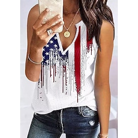 Women's Tank Top Black White Print American Flag Casual Sleeveless V Neck Basic Regular S9574311