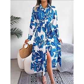 Women's Shirt Dress Casual Dress Outdoor Daily Vacation Midi Dress Classic Casual Polyester Button Print Shirt Collar Summer Spring Fall Long Sleeve Regular Fi9607107