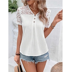 Women's Shirt Blouse White Lace Button Plain Casual Short Sleeve V Neck Basic S9589043