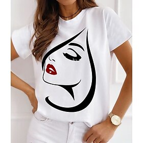 Women's T shirt Tee White Print Portrait Casual Weekend Short Sleeve Round Neck Basic Cotton Regular Abstract Portrait Painting S9059247