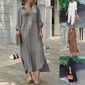 Women's Shirt Dress Casual Dress Cotton Linen Dress Cotton Blend Maxi long Dress Outdoor Daily Basic Casual Button Split Shirt Collar Summer Spring Fall Long S9533018