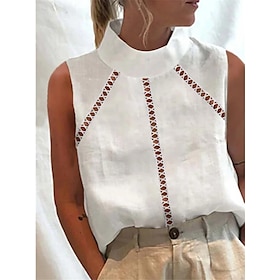 Women's Tank Top White Cut Out Plain Casual Sleeveless Standing Collar Basic Linen Regular S9507753