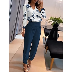 Women's Shirt Pants Sets Pants Trousers Streetwear Blue Floral Casual Holiday Print U Neck S M L XL 2XL9611207