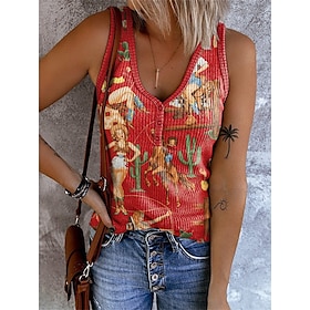 Women's Tank Top White Yellow Red Button Print Graphic Casual Sleeveless V Neck Basic Regular XS9578171