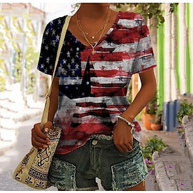 Women's T shirt Tee Red Print American Flag Weekend Independence Day Short Sleeve V Neck Basic Regular Painting S9519855