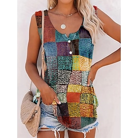 Women's Tank Top Red Blue Green Print Color Block Casual Sleeveless U Neck Basic Regular S9610330