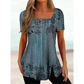 Women's T shirt Tee Blue Print Floral Casual Short Sleeve Square Neck Basic Regular Floral S9555491