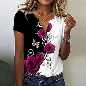 Women's T shirt Tee Yellow Blue Fuchsia Print Floral Holiday Weekend Short Sleeve V Neck Basic Regular Floral Painting S9558360