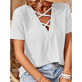 Women's Shirt Blouse Black White Pink Cut Out Plain Casual Short Sleeve V Neck Basic Regular S9584383