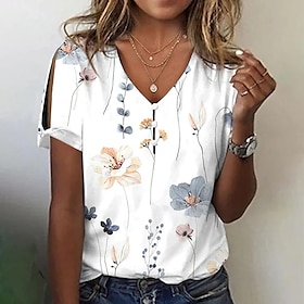 Women's T shirt Tee White Blue Light Blue Button Cut Out Floral Holiday Weekend Short Sleeve Round Neck Basic Regular Floral Painting S9503882