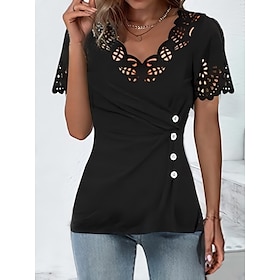 Women's T shirt Tee Black Lace Plain Daily Weekend Short Sleeve V Neck Basic Regular S9588398