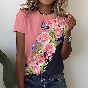 Women's T shirt Tee Yellow Pink Blue Print Floral Holiday Weekend Short Sleeve Round Neck Basic Regular Floral Painting S9576905