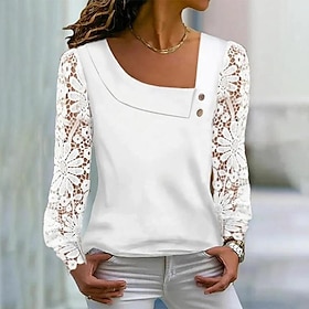 Women's Shirt Blouse White Lace Button Plain Casual Long Sleeve V Neck Basic Regular S9596957