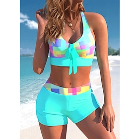 Women's Swimwear Cover Up Plus Size Swimsuit Floral Geometic 2 Piece Blue Green Bandeau Bathing Suits Summer Sports9432308