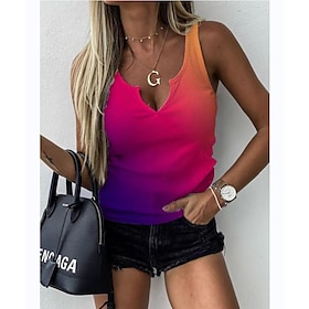 Women's Tank Top Going Out Tops Wine Red Blue Print Color Block Color Gradient Casual Sleeveless V Neck Basic Regular S9445073