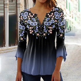 Women's Shirt Blouse Yellow Pink Blue Button Print Floral Holiday 3/4 Length Sleeve Round Neck Basic Regular Floral S9535841